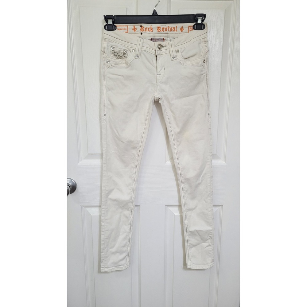 Rock Revival Aymeline Skinny Jeans Off White Rhinestone Flap Pocket Size‎ 25